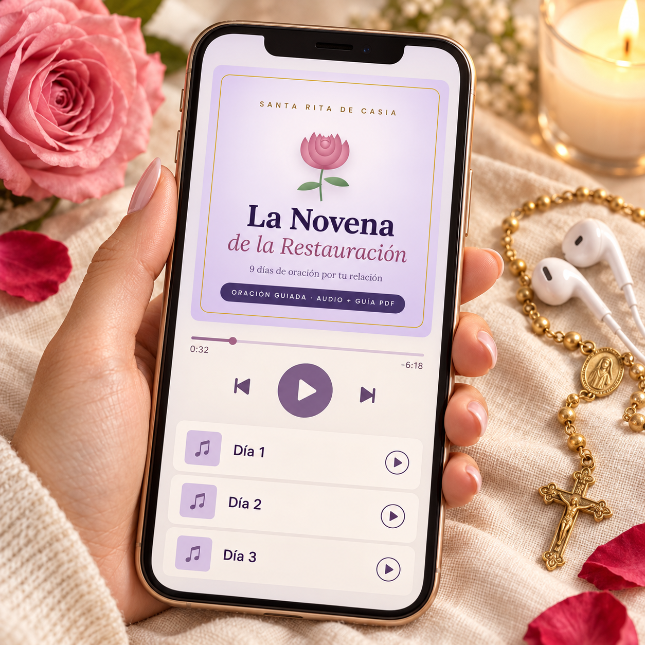 Celular con la novena en audio, rosario y vela