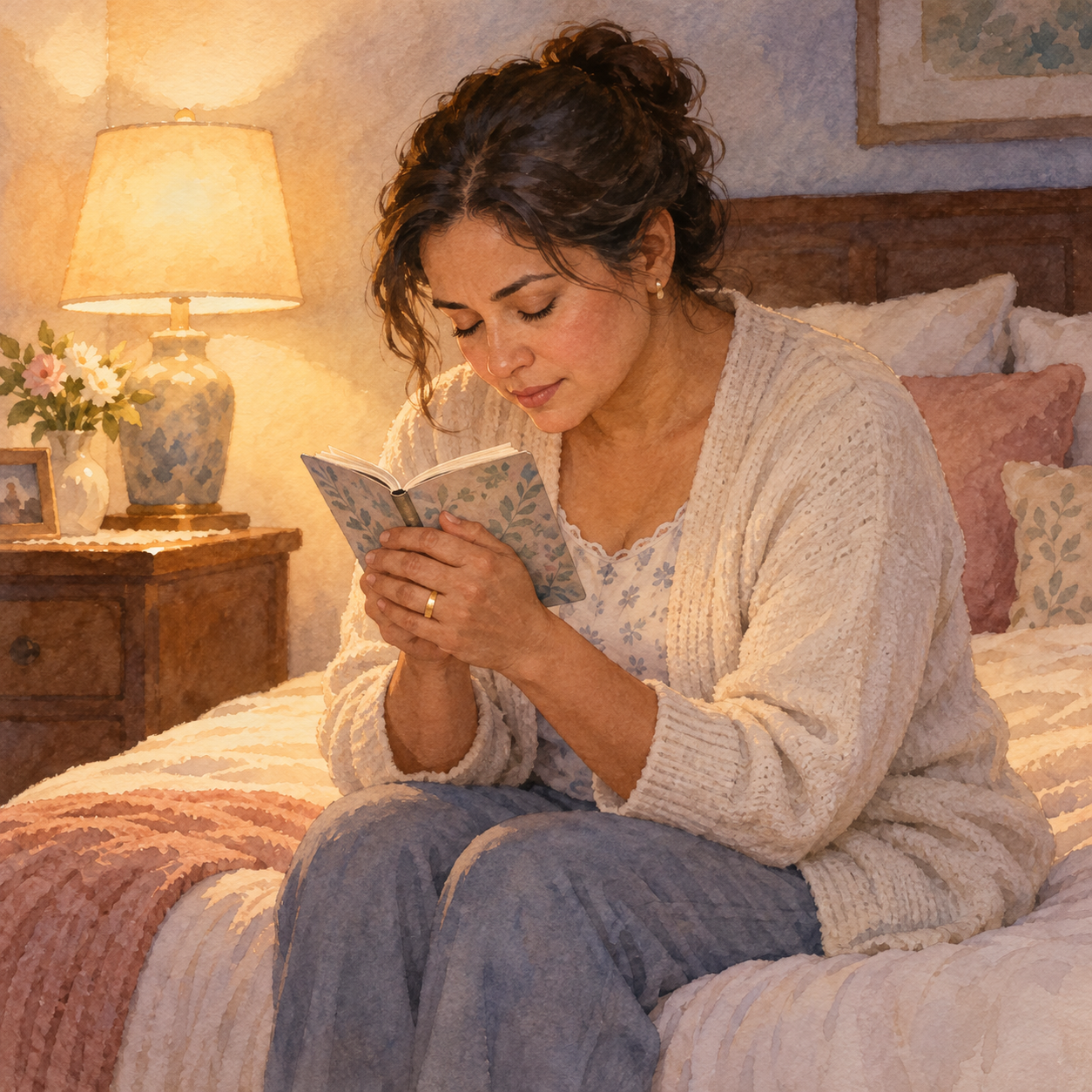 Ilustración de una mujer casada rezando a la luz de una lámpara
