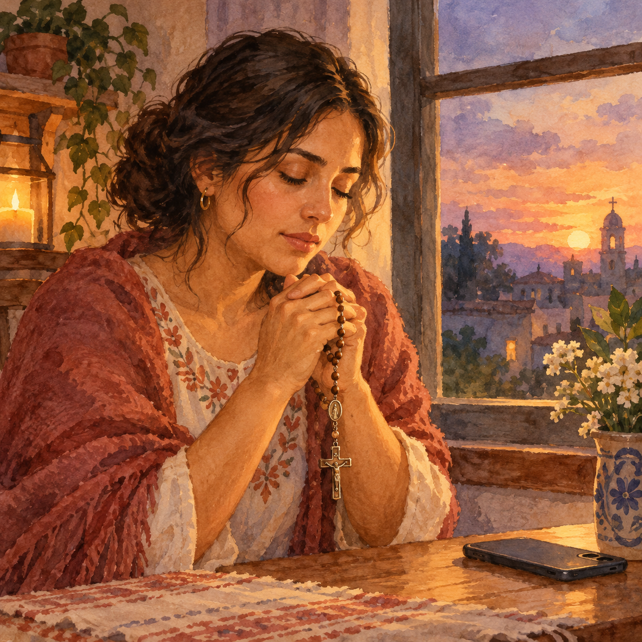 Ilustración de una mujer rezando con un rosario al atardecer