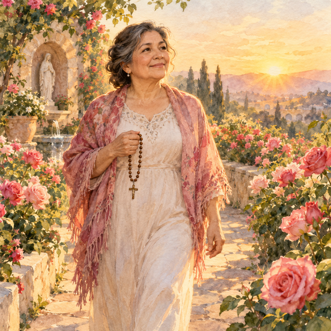Ilustración de una mujer caminando entre rosas al amanecer con un rosario